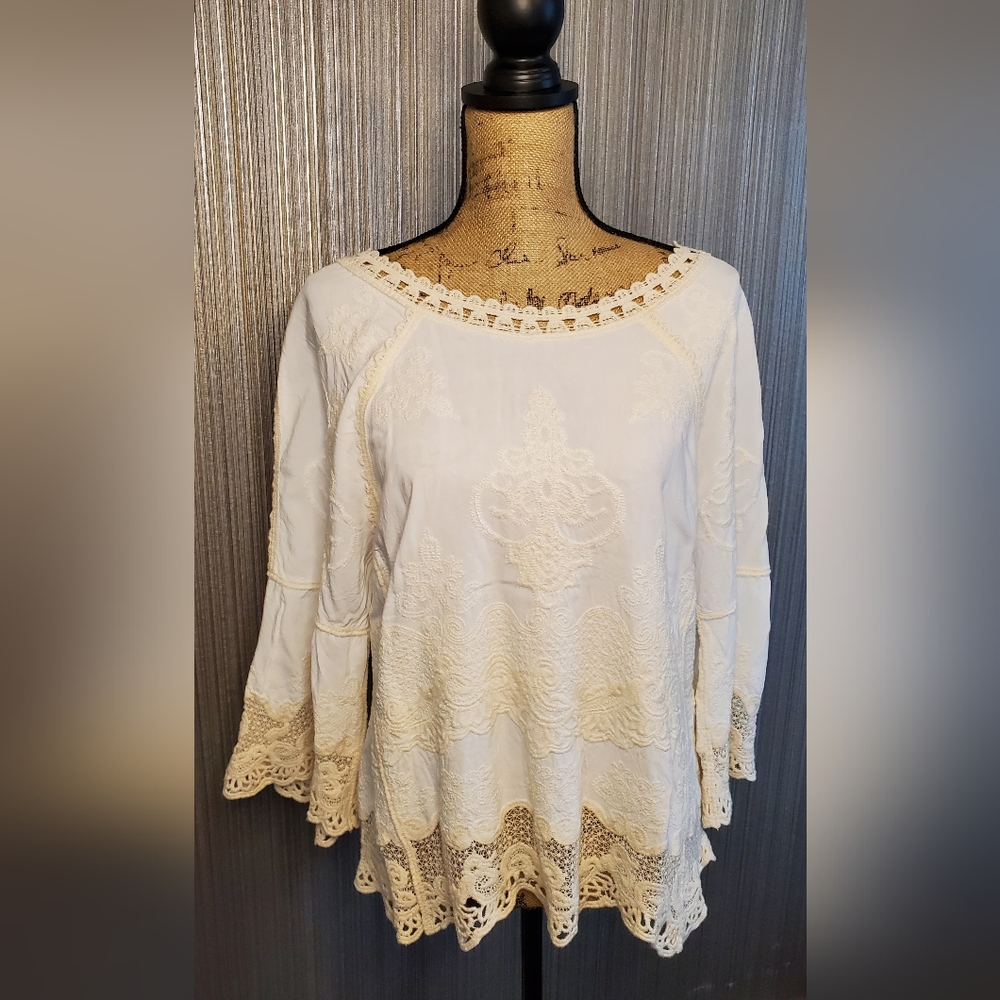 Democracy Embroidered shirt, cream colored blouse, casual wear, work top